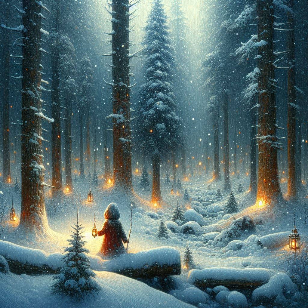 第１曲「雪の森の中で」小さな灯りを頼りに凍える森を彷徨う。突然、積雪がどっと吹き上がり、抑えてきた感情が爆発する。