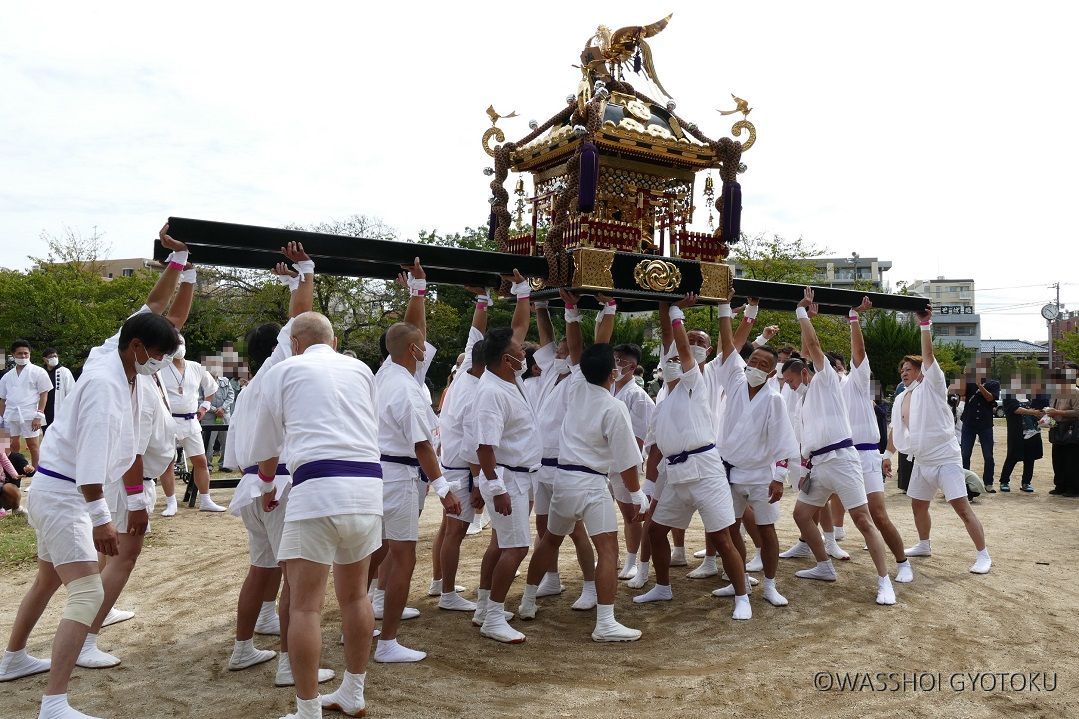 【湊新田 町会神輿】駅前公園で揉みます