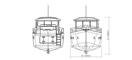 Liniendarstellung des modernen Verdränger-Motorbootes IC39