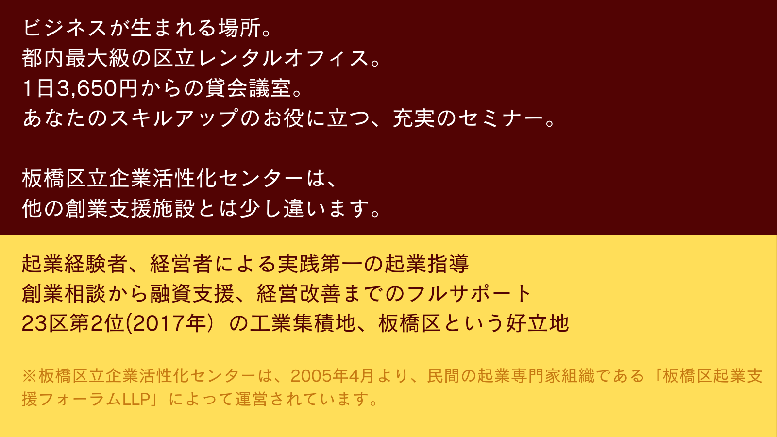 城北地区最大級。ビジネスが生まれる場所。板橋区立企業活性化