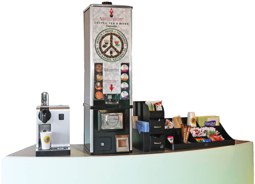 Kaffee-Kapsel-Automat mit Kaffeemaschine und Kaffeestation