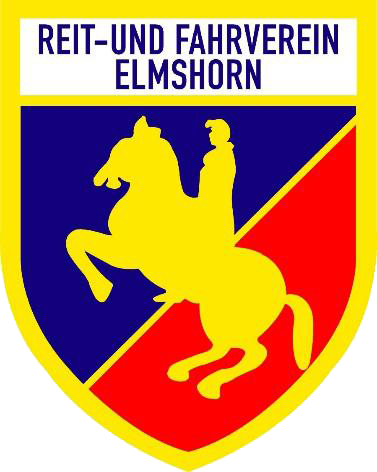 Logo des Reit- und Fahrvereins Elmshorn, zeigt ein stilisiertes Pferd mit Reiter in Gelb auf blau-rotem Hintergrund.