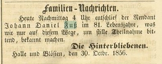 Todesanzeige des Johann Daniel Fuß vom 30.10.1856 