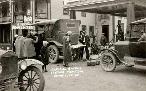 Derby Line, Vermont, 1930s - The first Customs and Immigration border inspection station at this point of entry was located in the Derby Line Hotel. Inspections took place in the street which led to the international crossing to Rock Island, Canada.