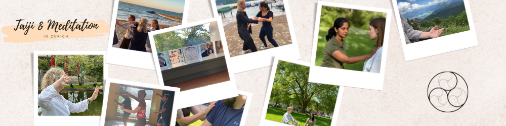 Eine Foto-Collage, die verschiedene Frauen zeigt, die in Zürich Tai Chi trainieren: Die Tai Chi-Form, Partnerübungen und Meditation
