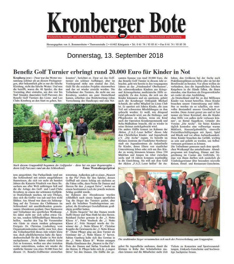 Kronberger Bote Artikel Benefiz Golf Turnier erbringt rund 20.000 Euro für Kinder in Not - Lions Kronberg