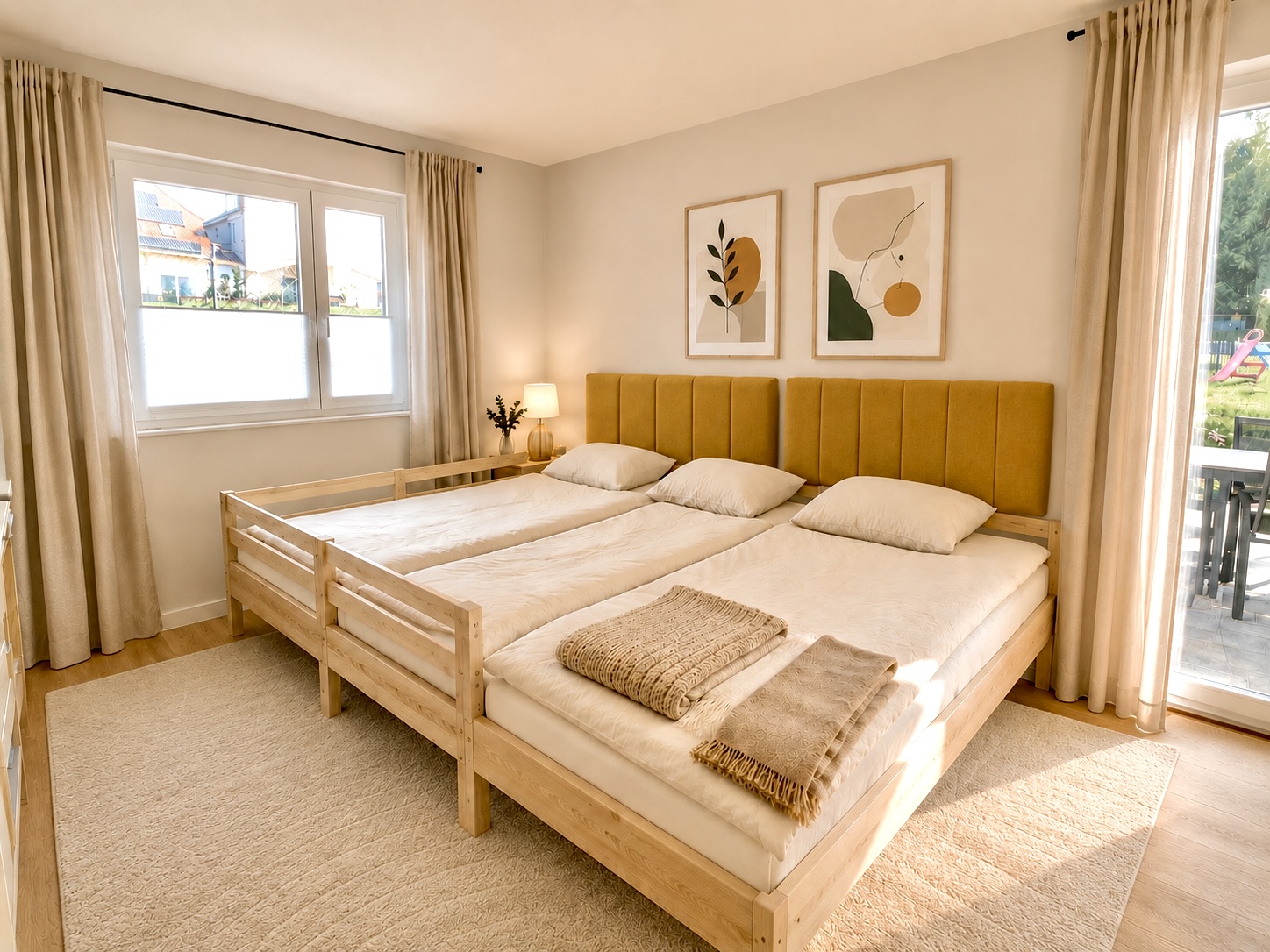 Im Schlafzimmer 1 wartet ein großes Familienbett (2,70m) und ein Babybett (140x70cm) auf euch.