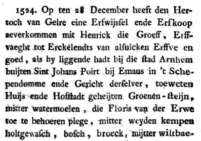 Archiefstuk 1524 Hertog Karel van Gelre koopt bezittingen op. Bron Kronijk van Arnhem