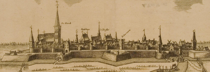 Panorama van Elburg uit 1639-1655 door Nicolaes van Geelkercken. Historische stadswandeling door de vesting van hanzestad elburg