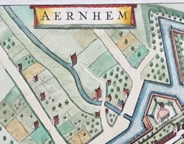 Arnhem met Sint-Janswatermolen in Sonsbeek volgens de kaart van J. Blaue uit 1649. Bron Gelders Archief Arnhem - Wandeling langs de historie van de Sint Jansbeek (Zypendaal-Sonsbeek). Chayah Godschalk Visser