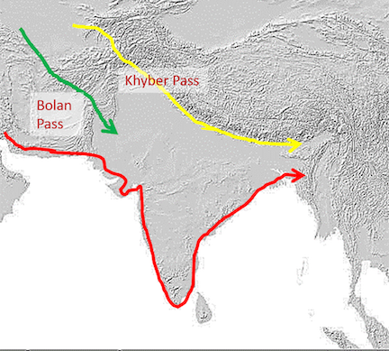 Fig 1. from Vahia et al. 2017. "Potential migration routes. Some potential migration routes of various population groups entering the South Asian subcontinent more than 30,000 years ago."