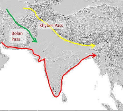 Fig 1.  from Vahia et al. 2017. "Potential migration routes. Some potential migration routes of various population groups entering the South Asian subcontinent more than 30,000 years ago."