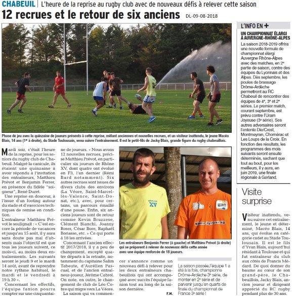 Dauphiné libéré du 09-08-2018- Reprise au Rugby Club de Chabeuil