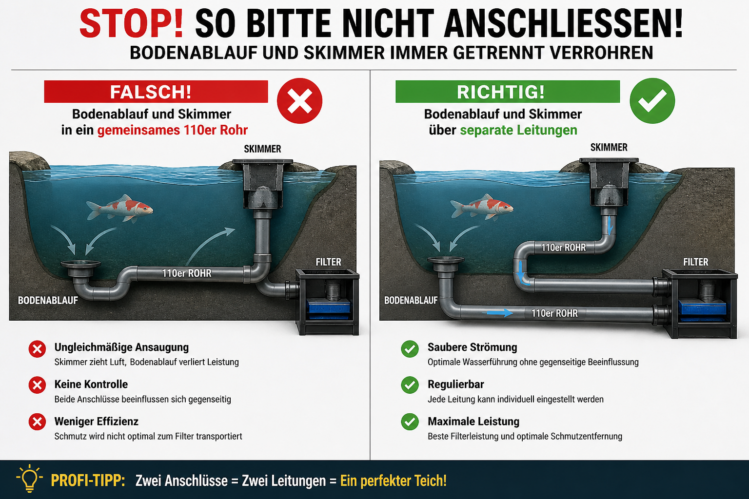 Koi-Teich Verrohrung: Warum Bodenablauf und Skimmer getrennt werden müssen