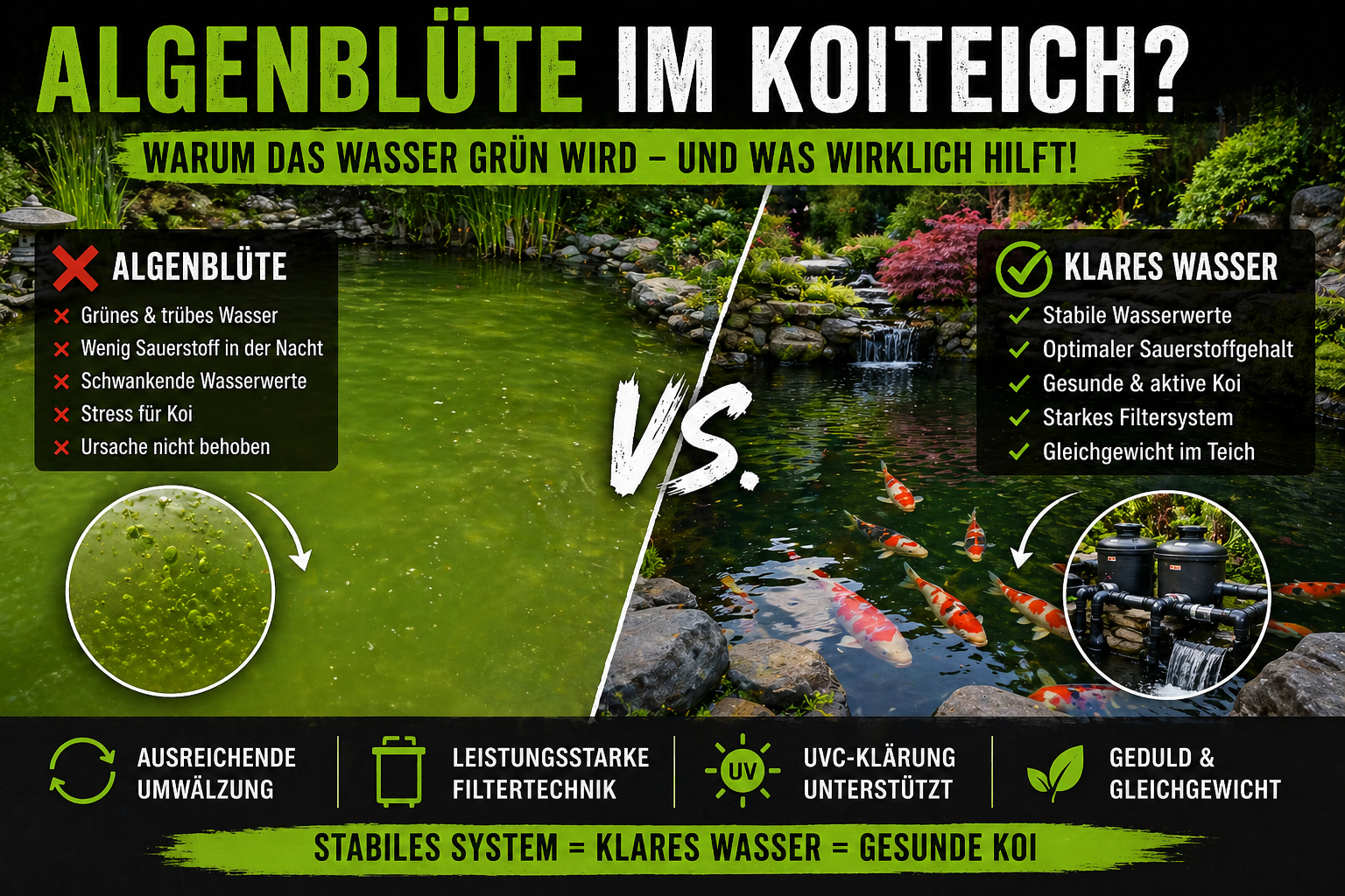 Algenblüte im Koiteich – warum das Wasser plötzlich grün wird
