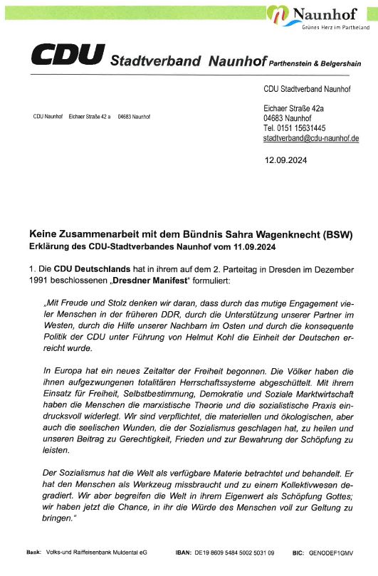 Erklärung CDU Naunhof: Keine Zusammenarbeit mit BSW!