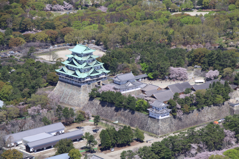 桜がうっすら咲く名古屋城