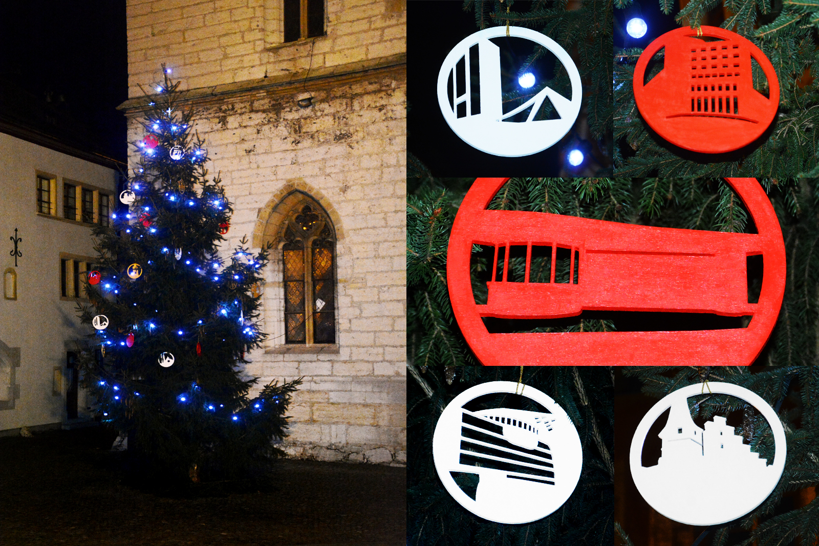 Weihnachtsbaum 2024 der Ref. Kirchgemeinde mit Holzdekoration von Rebecca Jegge. Bemalung Stiftung Battenberg, Laserung AxNum AG.