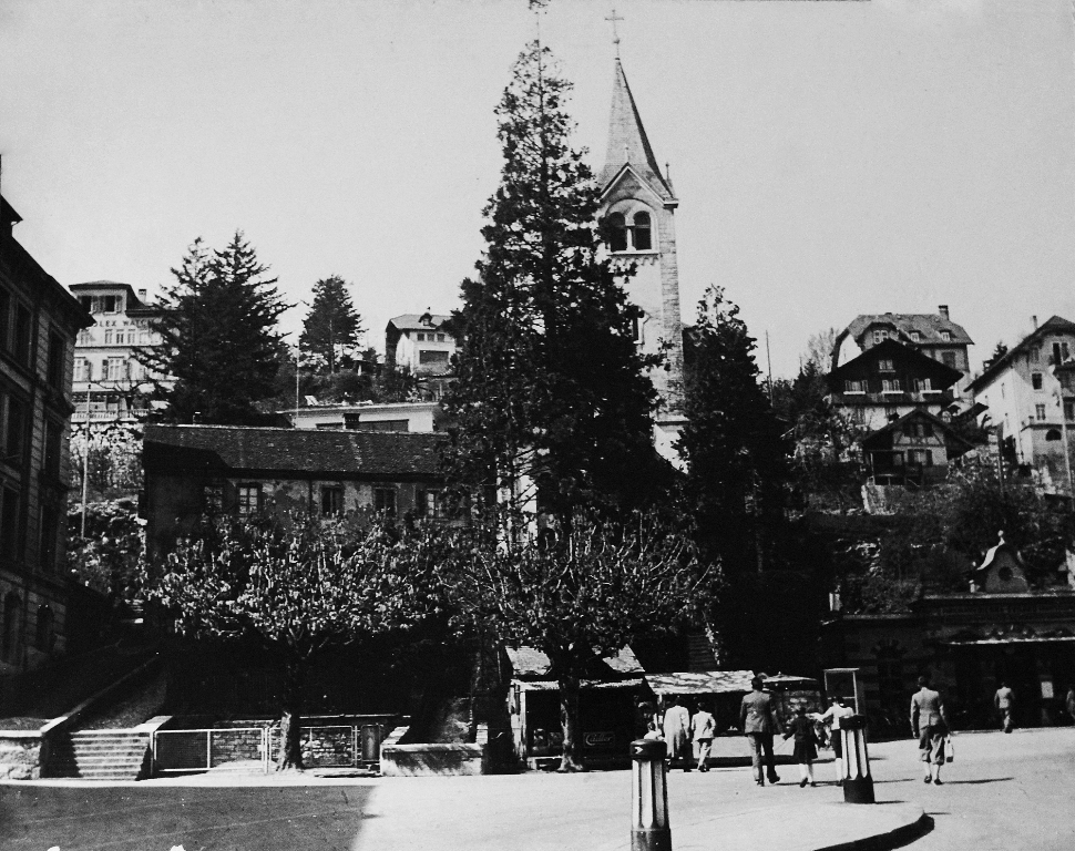 Technikum, Mitte: Alioth-Haus, Quellgasse 23 erstellt 1849,abgerissen 1956, Christkath. Kirche von 1904; Kiosk, rechts: Talstation Seilbahn Biel - Evilard