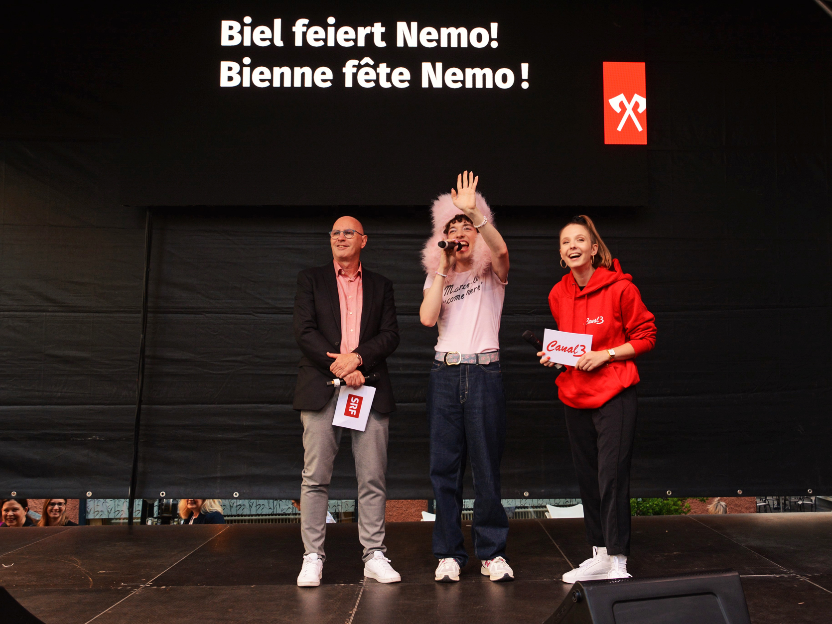 Jean-Marc Richard (SRF), Nemo und Tanja Rupp (Canal-3)