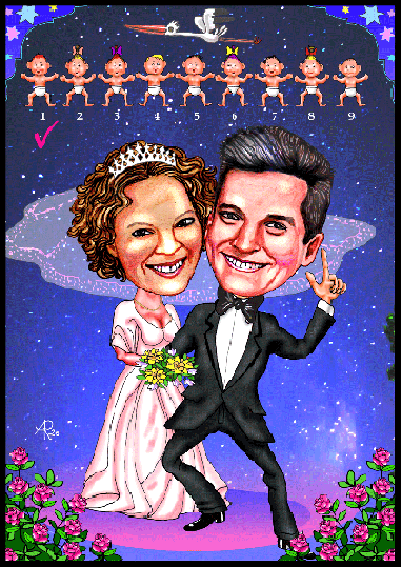 Karikatur zur Hochzeit, Brautpaar mit Baby-Planer.