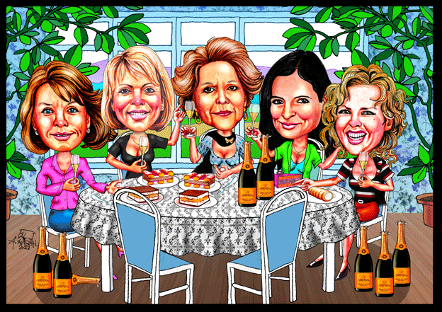 Karikaturen zeichnen lassen, Senta Berger, Uschi Glas Christiane Hörbiger, Elisabeth Lanz und Veronica Ferres sind eine Runde am Tisch.