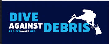The image shows the "Dive Against Debris" logo, featuring a scuba diver collecting trash underwater, promoting ocean conservation efforts by Project AWARE.