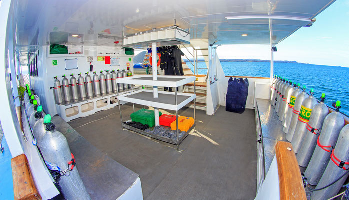 A well organized dive boat with oxygen tanks lined up and the ocean can be seen in the background