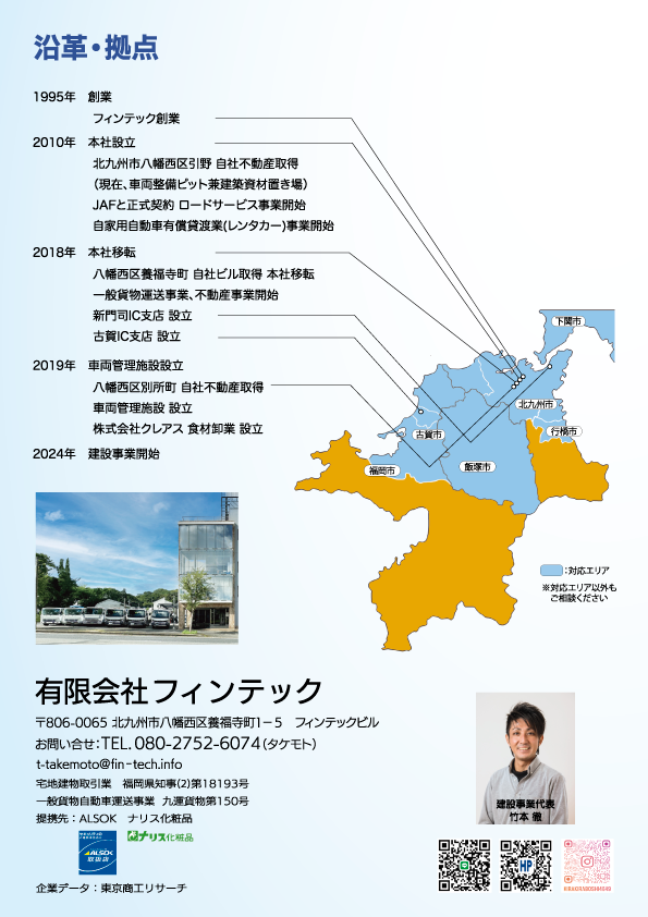 有限会社フィンテックの沿革と対応地域　北九州市地域を中心に下関市・古賀市・福岡市・飯塚市・行橋市の店舗・スーパー・工場・オフィスビル・商業施設・倉庫など幅広い建物の課題を解決します。対応エリア以外でもご相談ください。