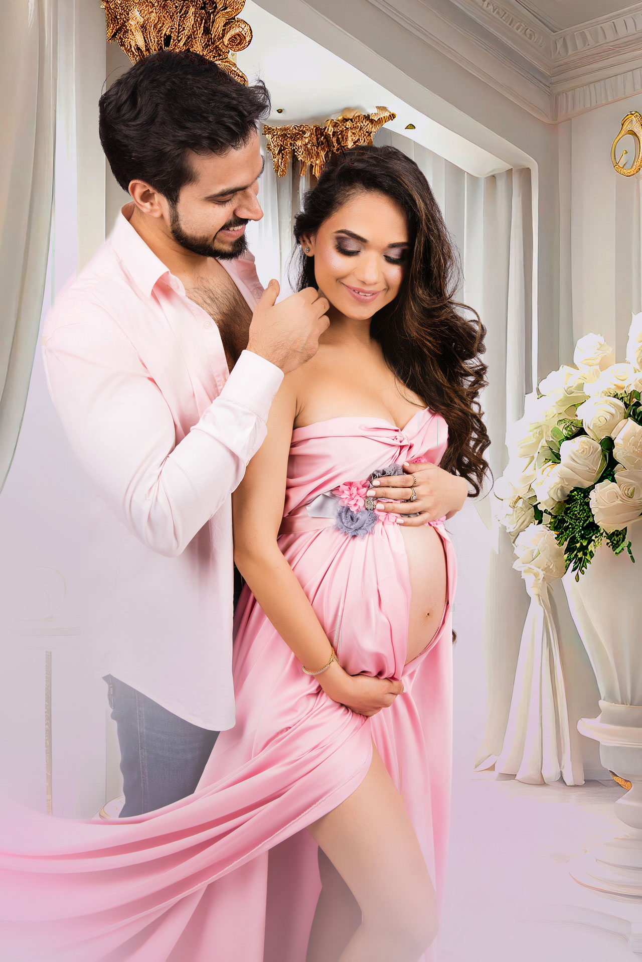 pregnancy shoot with colorful dress
