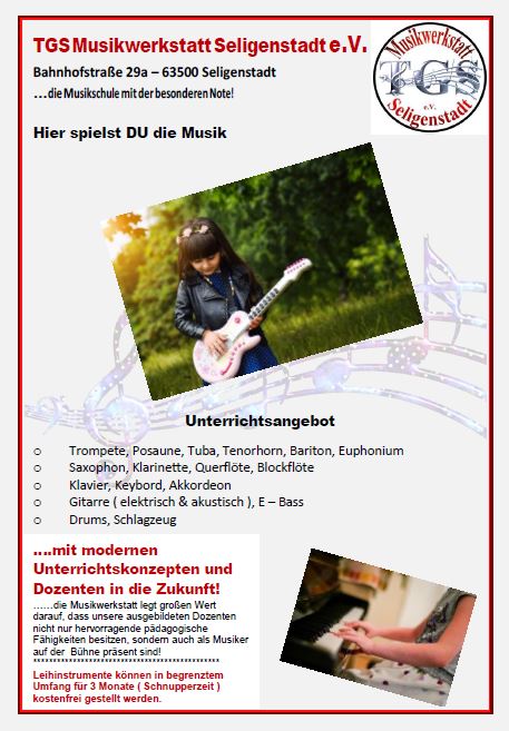 Unterrichtsangebot der TGS Musikwerkstatt Seligenstadt e. V.