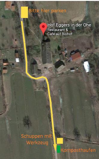 Hof Egers in der Ohe, Kirchwerder Mühlendamm 5. Den Sandweg runter, ddgf Auto vor dem Hof abstellen, über den Hof laufen, vorbei am Cafe und Holzhackschnitzelhaufen, den Plattenweg 200 m runter gehen, auf der linken Seite ist der Acker.