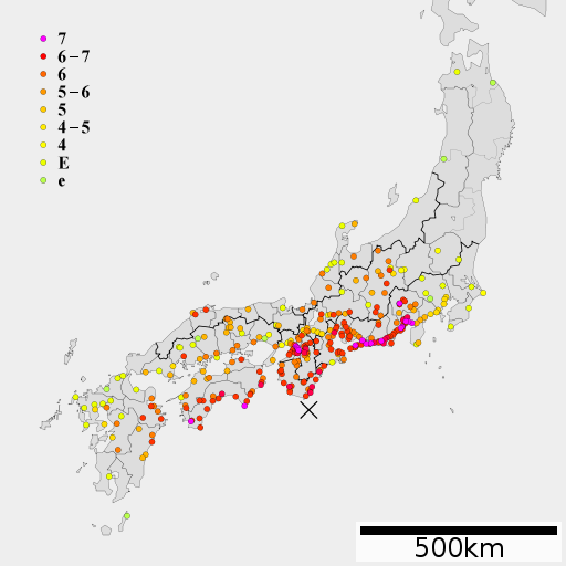 宝永地震の震度分布イメージ/Wikimedia Commonsより