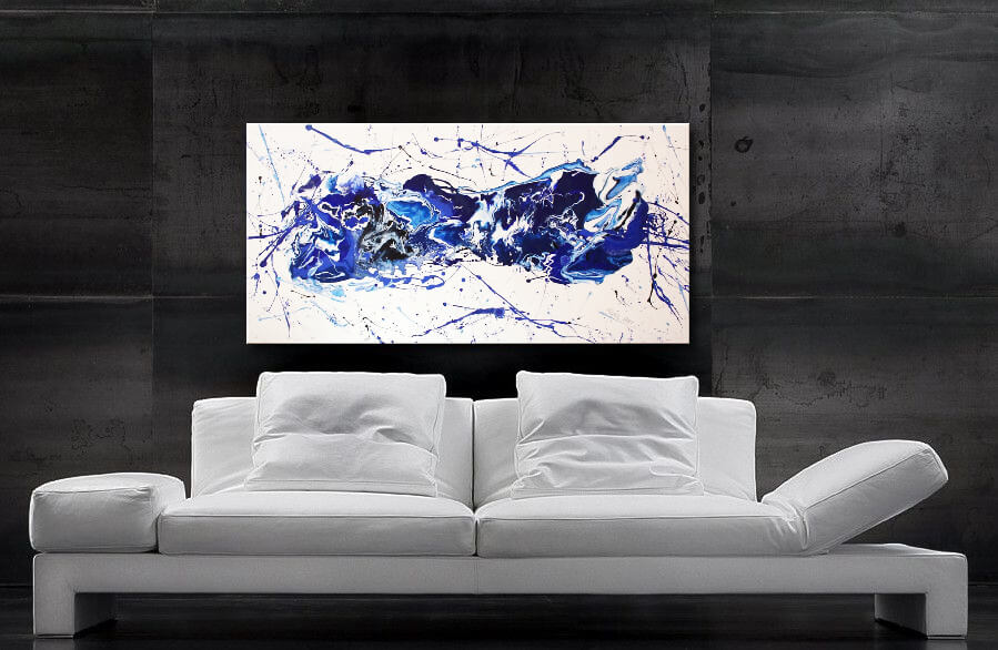 modernes, abstraktes Wandbild Wohnzimmer blau, 120 x 60 cm, Gemälde XXL