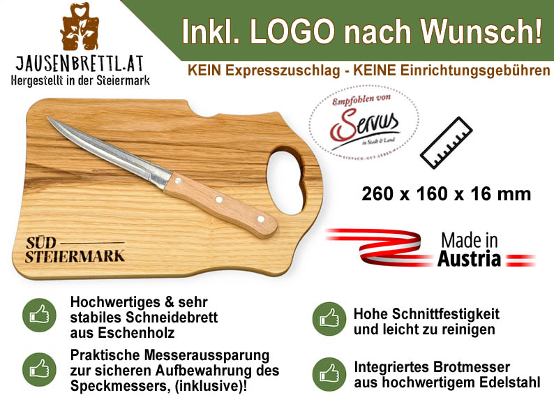 Brotzeitbrett mit Messer inkl. Gravur nach Wunsch, Messerbrett aus Eschenholz