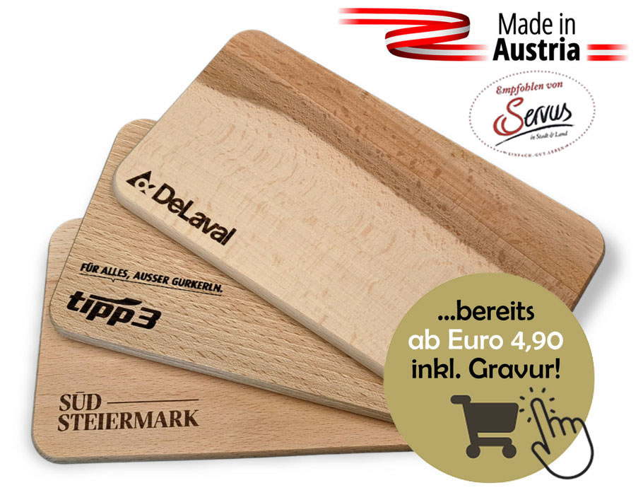 Gravierte Schneidebretter mit Firmenlogo aus Holz als Werbeartikel für Unternehmen
