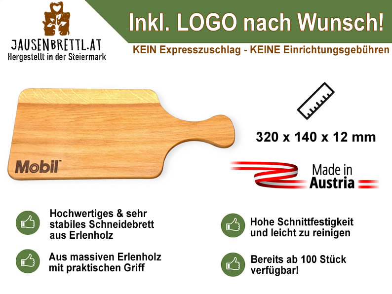 Schneidebrett aus Holz mit Griff, ein Werbegeschenk mit Logo