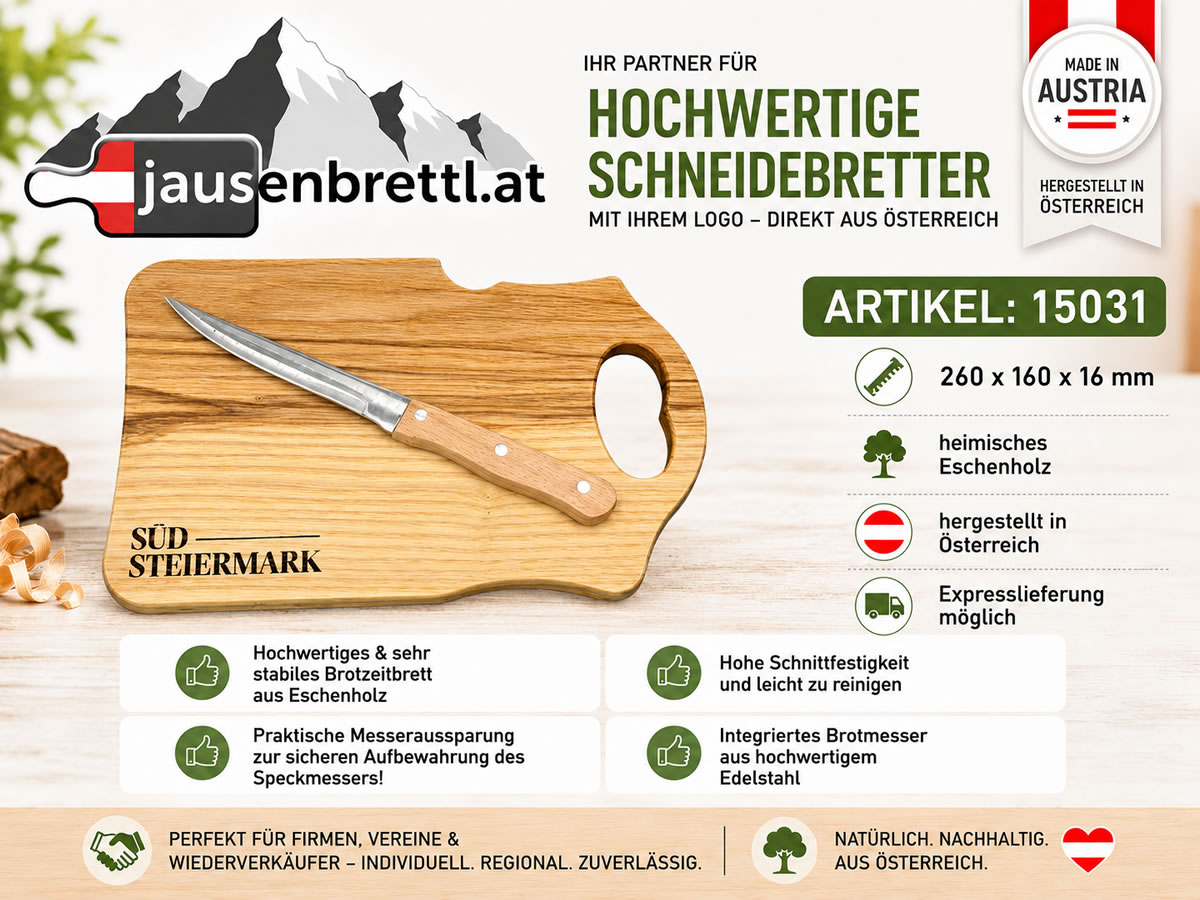 Brotzeitbrett aus heimischem Eschenholz mit Messer und Lasergravur aus Österreich