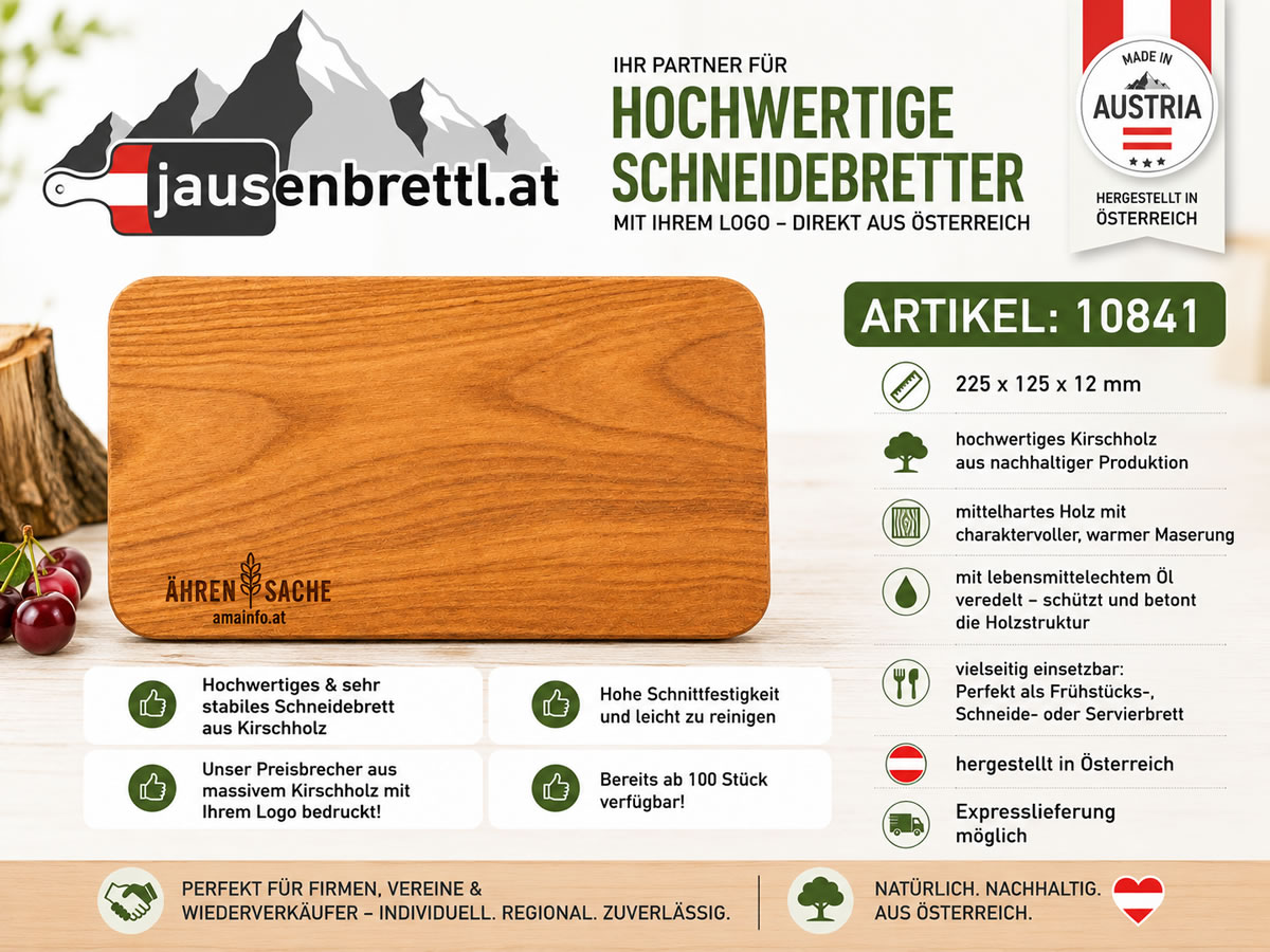 Jausenbrett aus heimischem Kirschholz mit warmer Maserung und persönlicher Gravur