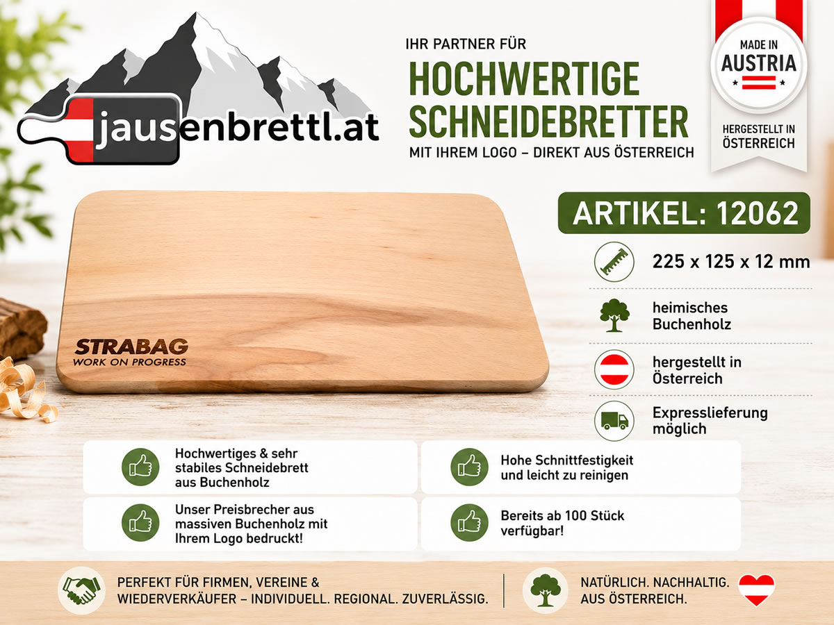 Kompaktes Jausenbrett aus heimischem Buchenholz mit individueller Gravur für Firmenkunden