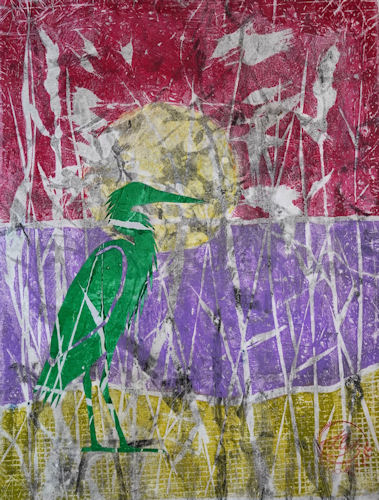 Monotypie auf Papier, Reiher als Collageelement (30x40; Reiher 7)