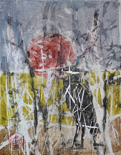 Monotypie auf Papier, Reiher als Collageelement (30x40; Reiher 8)