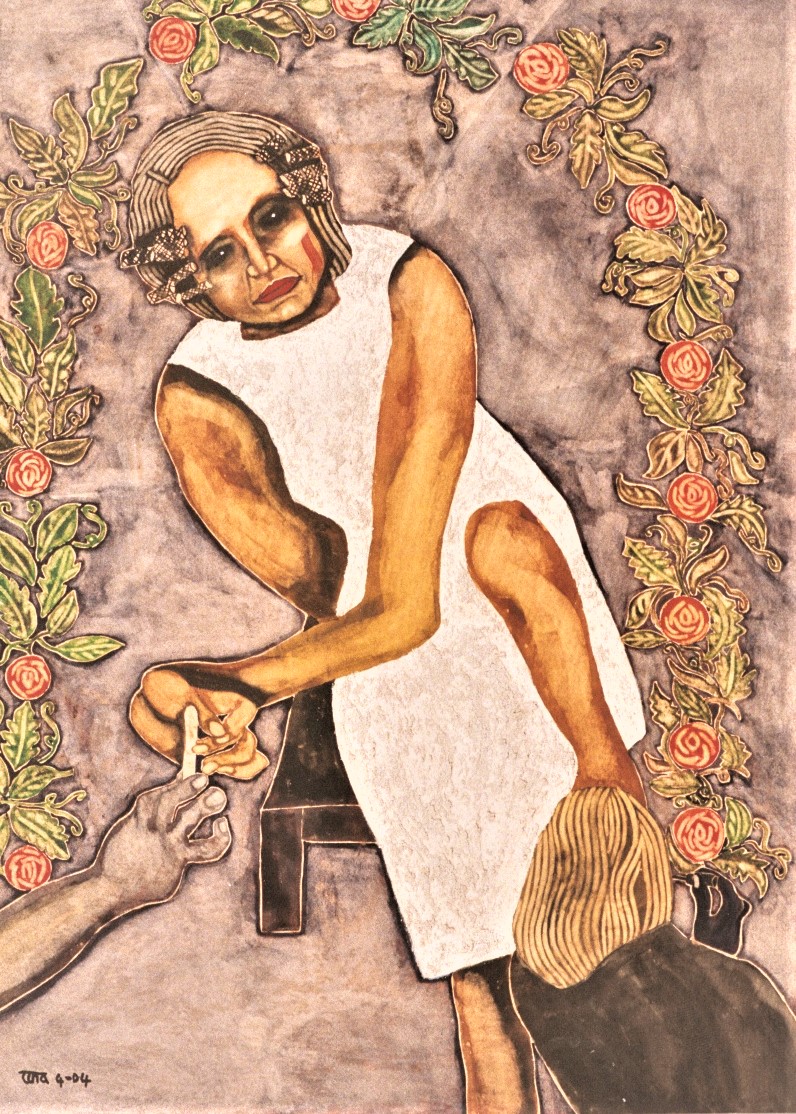 AT THE SALON - Size: 24x18  ins. - Medium: water colour on paper