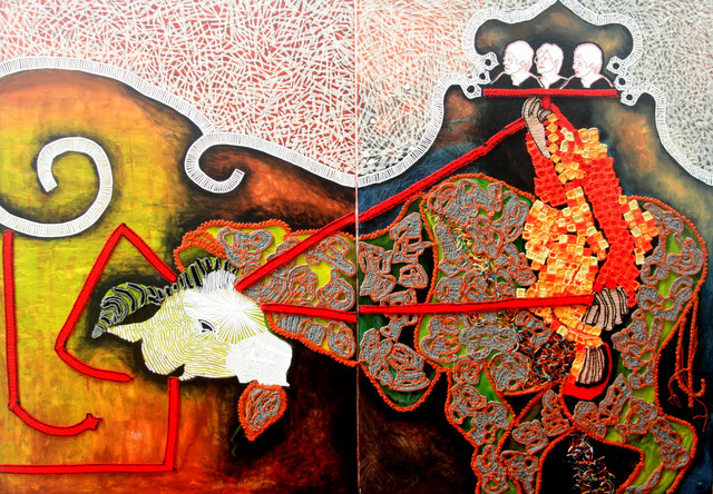 TRAVELS ON A BRAHMANI BULL- - DIPTYCH (a journey from independence to the present) - Size: both sides of the diptych included 72x48 ins. - Medium: thread,paper & acrylic on canvas