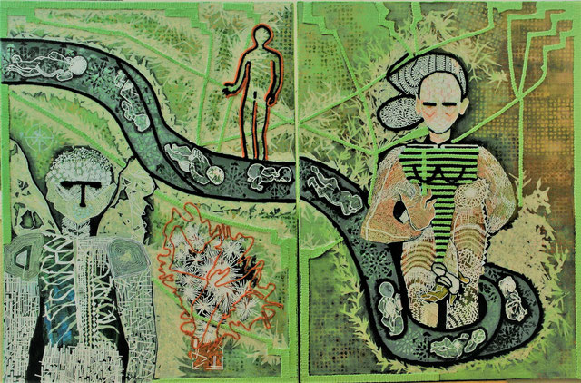 THE BIRTH CANAL-HORIZONTAL DIPTYCH-Size:72x48 ins. includes both sides-Medium: thread, paper & acrylic on canvas