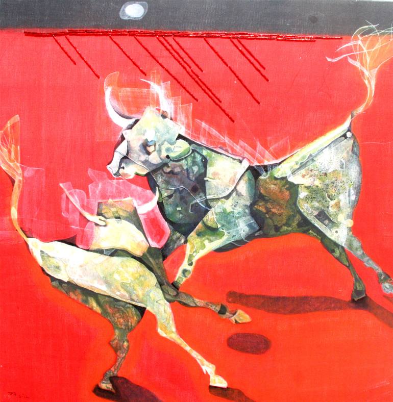 SPARRING BULLS - Size: 24x24 ins. Medium: egg tempera on board.    -    # egg tempera
