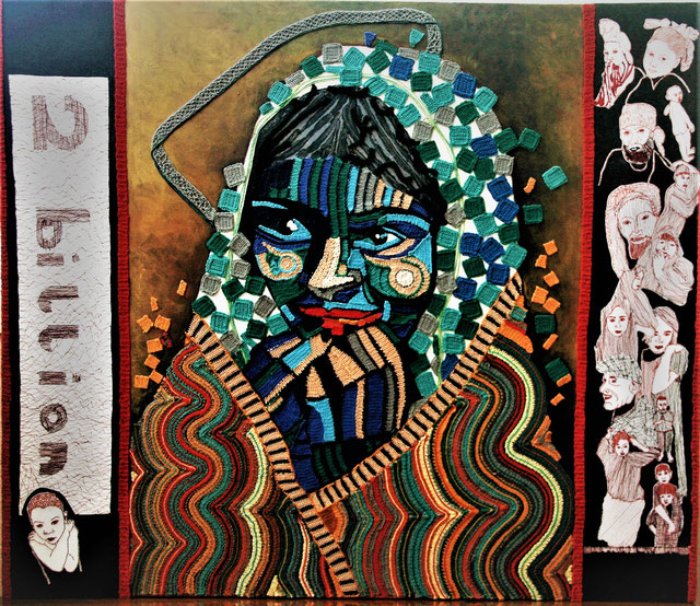 A PORTRAIT OF INDIA. With 50% of the population below the age of 21, India is young. Size: 54x47 ins. Medium: thread, paper and acrylic on canvas.