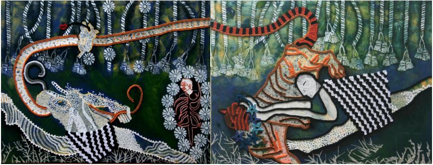 NOT EVERYTHING IS BLACK & WHITE (horizontal diptych) Total size: 45x35 ins. Medium: thread, paper, acrylic on canvas