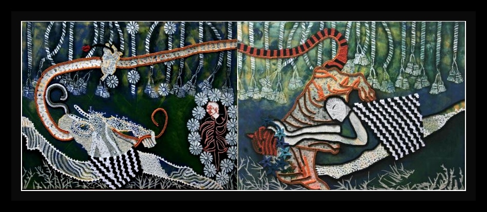 NOT EVERYTHING IS BLACK & WHITE-HORIZONTAL DIPTYCH - Size in total: 90x35 ins. Medium: thread, paper & acrylic on canvas