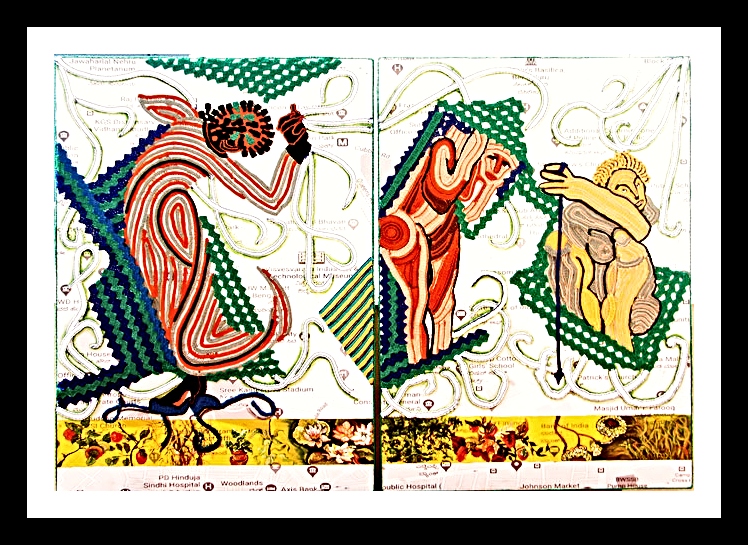  WOMEN NESTERS (HORIZONTAL DIPTYCH) Size: total length- 68x34 ins. Medium: thread and acrylic on canvas